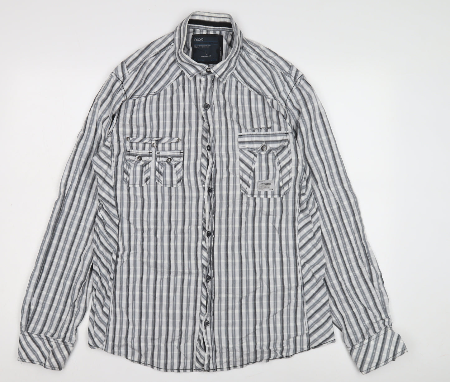 Next Men's Grey Slim Fit Striped Button-Up Shirt L