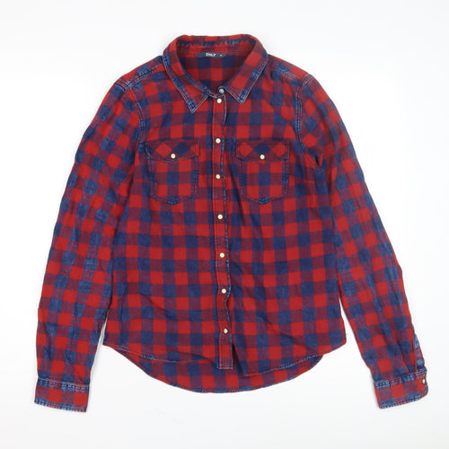 ONLY Women's Red Check Button-Up Shirt Size 8