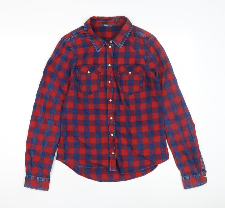 ONLY Women's Red Check Button-Up Shirt Size 8