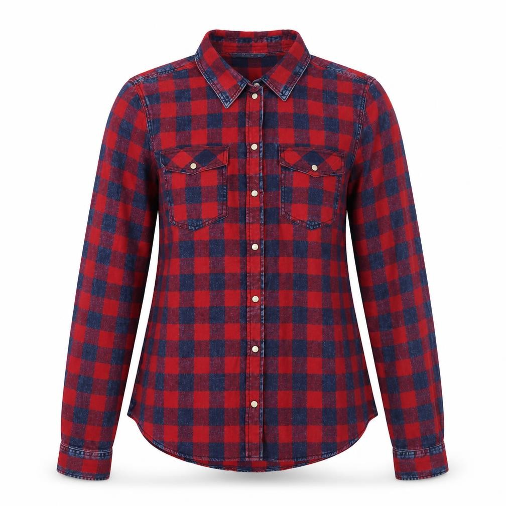 Front view of Only Women's Red Check Button-Up Shirt, size 8