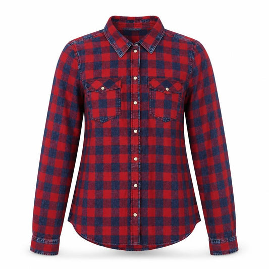 Front view of Only Women's Red Check Button-Up Shirt, size 8