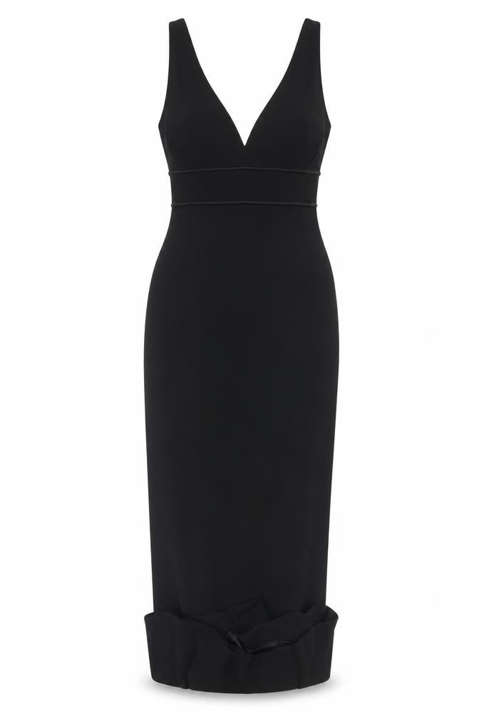 Front view of Marcelane Women's Black Sheath Midi Dress, size 14