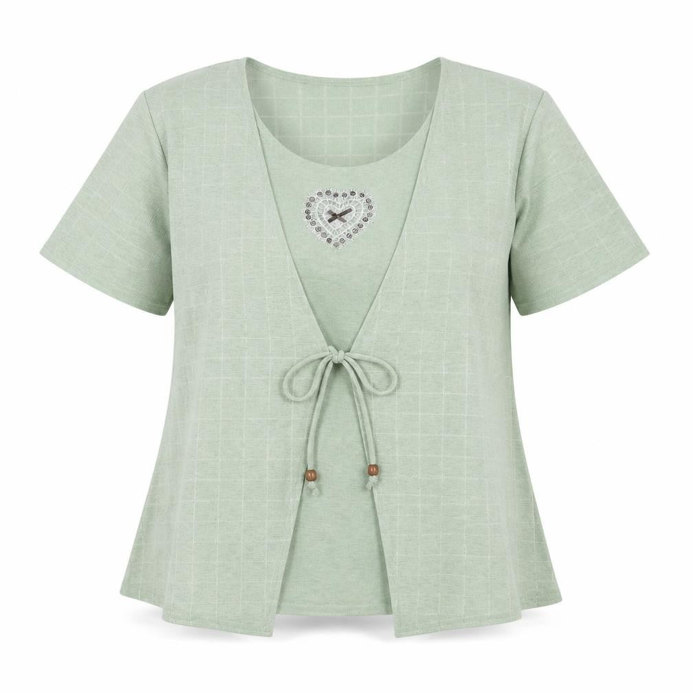 Front view of Saloos Women's Green Check Embroidered Top - L