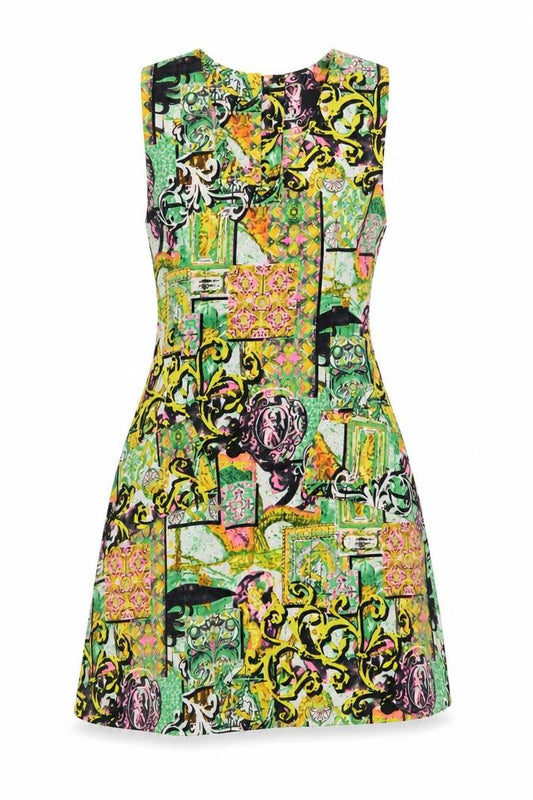 Front view of Women's Multicoloured Patchwork Sleeveless Dress