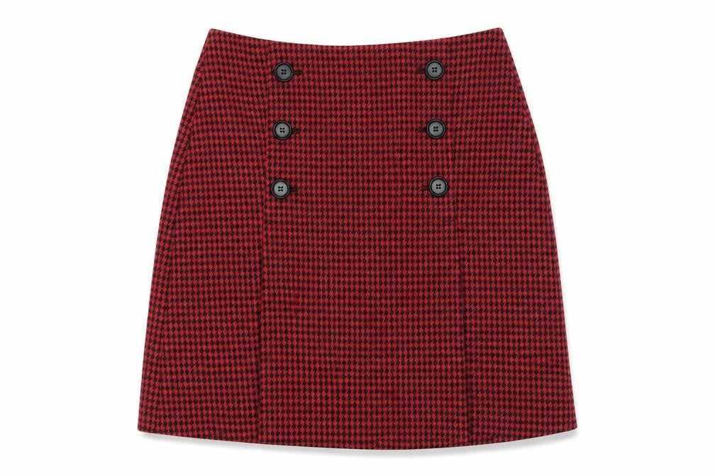 Front view of Marks & Spencer Red Pencil Skirt, size 8, Button Accent