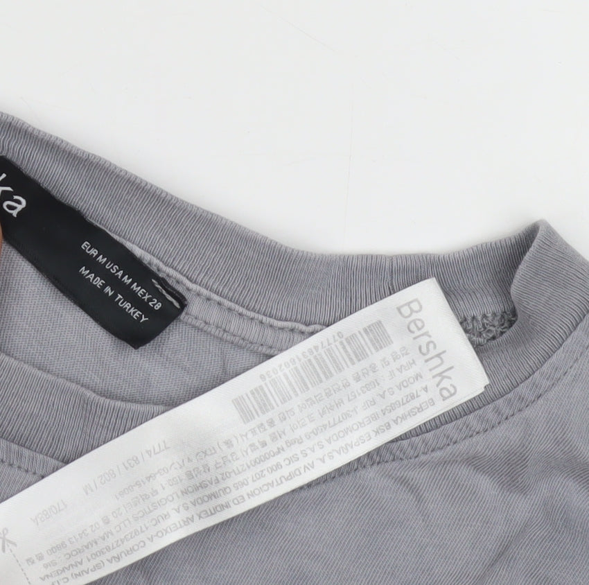 Bershka Women's Grey Cotton T-Shirt, Medium, Casual