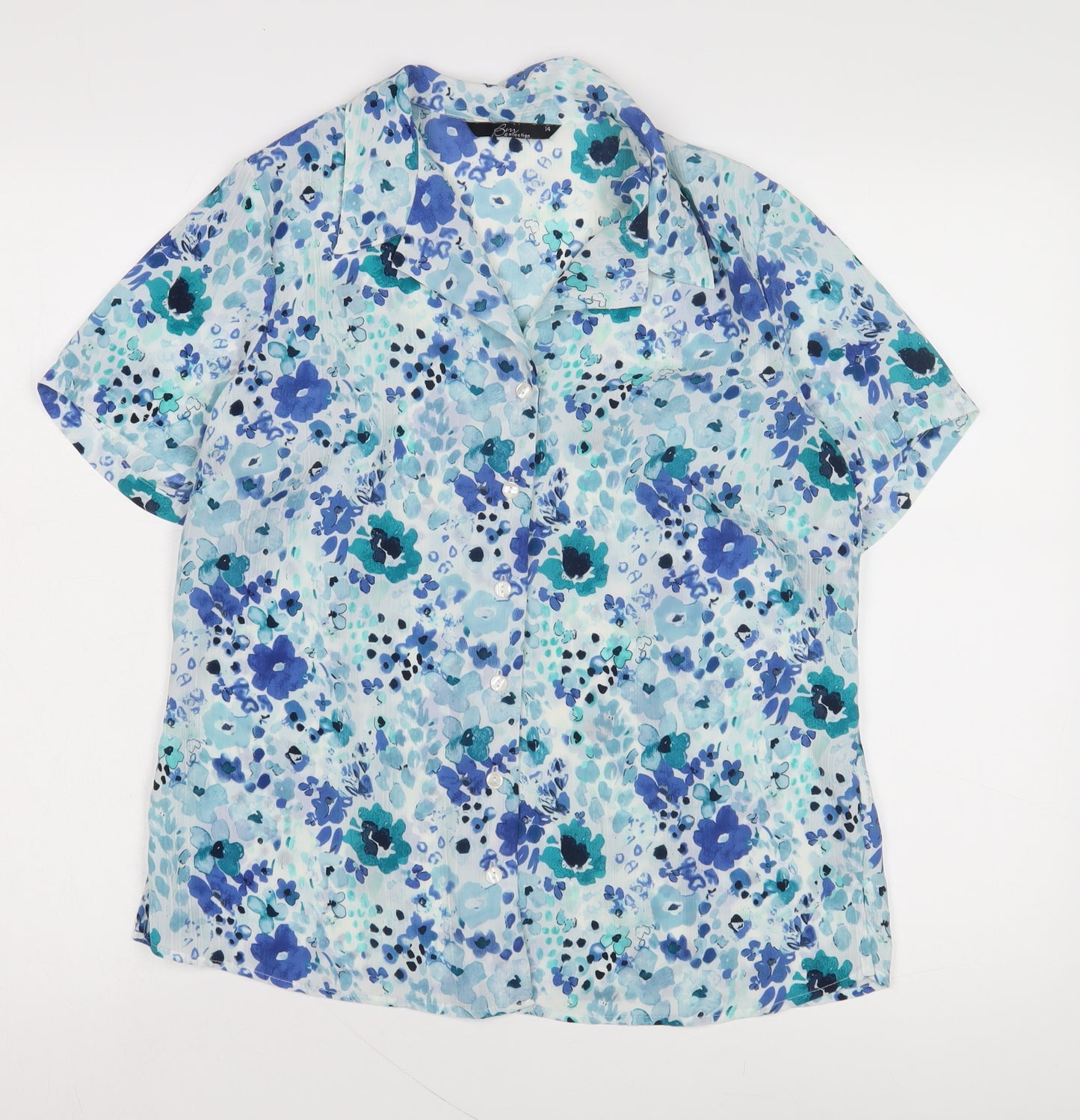 BM Collection Blue Floral Women's Short Sleeve Blouse