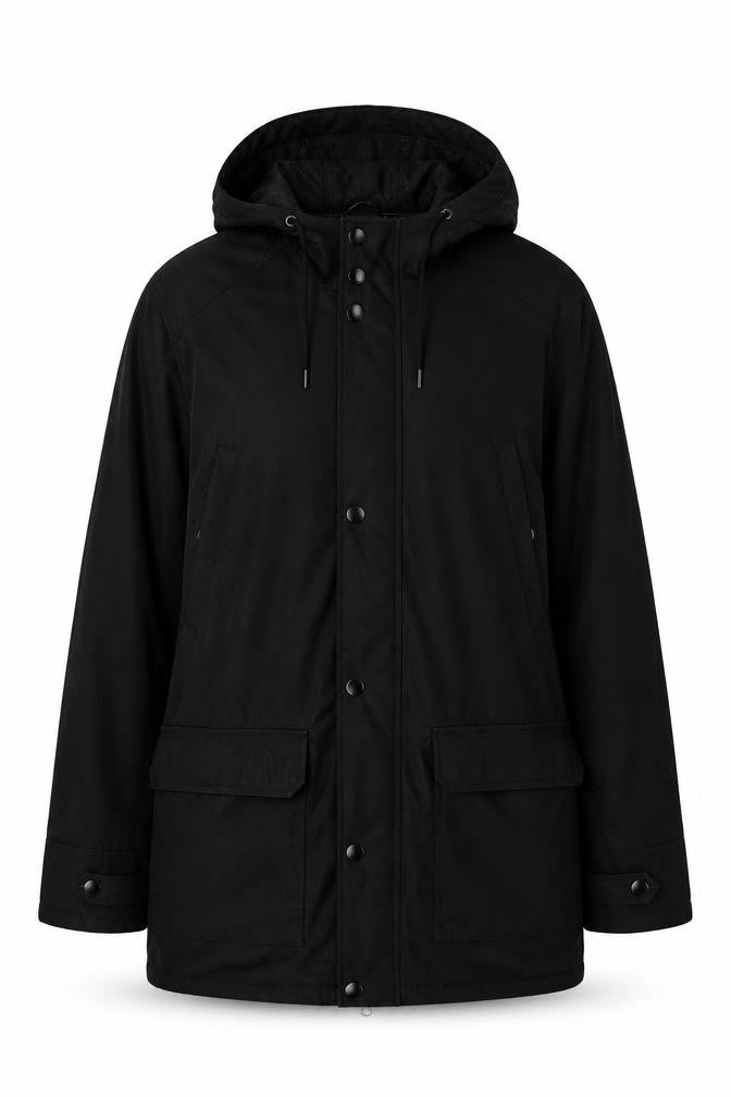 Front view of Livergy unisex black parka jacket, size 12, hooded, zip/button