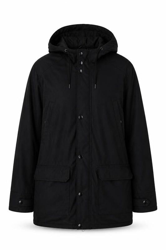 Front view of Livergy unisex black parka jacket, size 12, hooded, zip/button