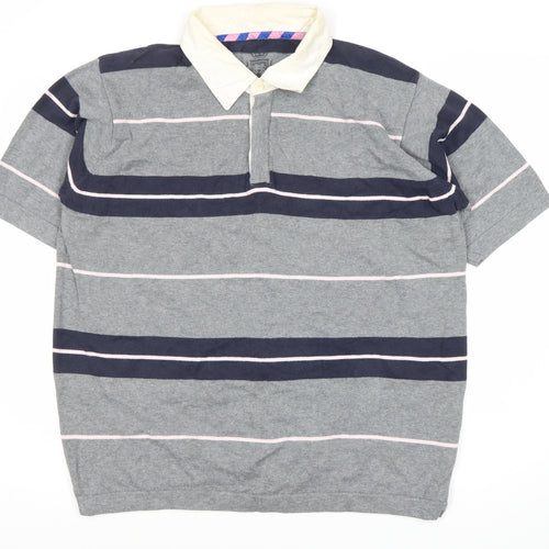 Marks and Spencer Men's Grey Striped Polo Shirt L