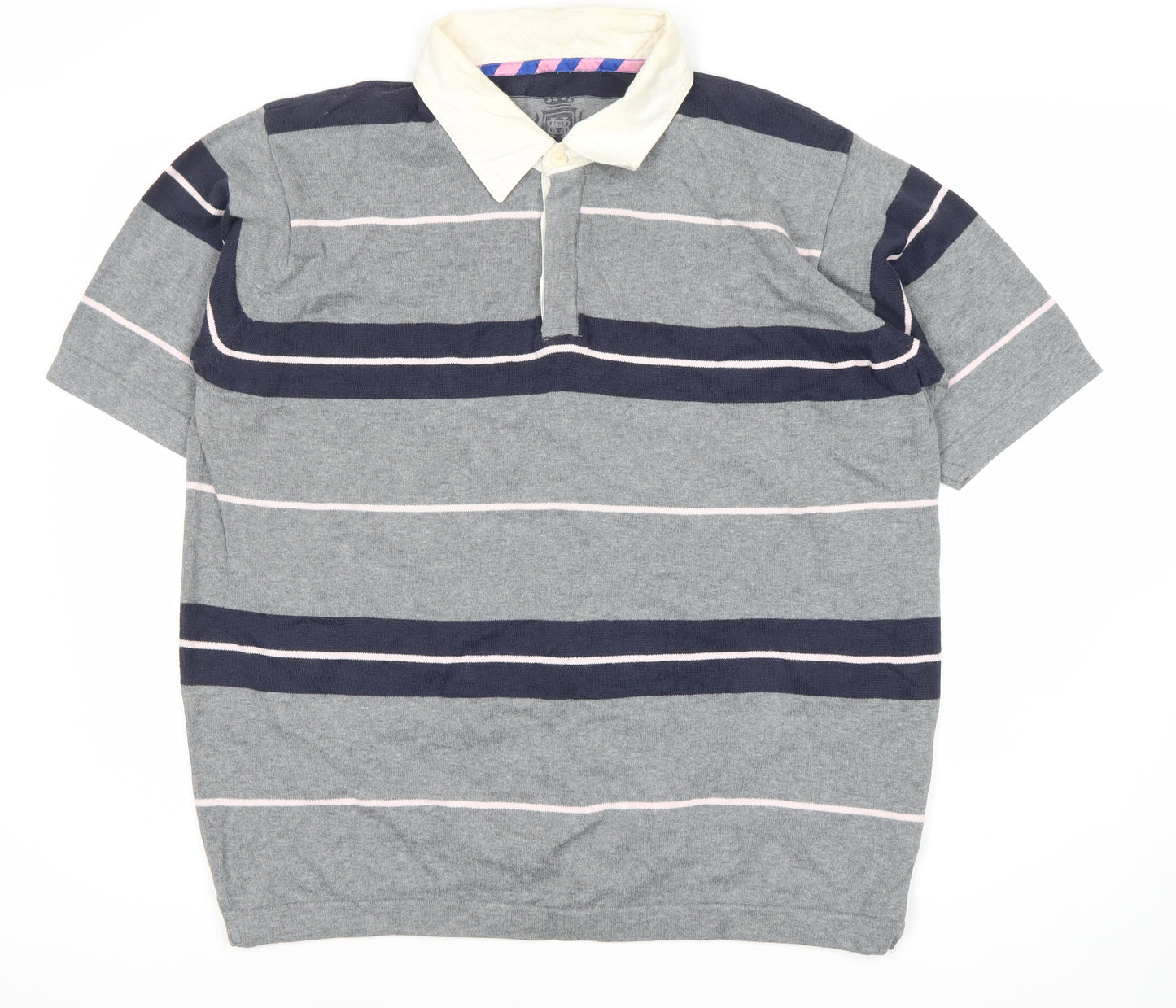 Marks and Spencer Men's Grey Striped Polo Shirt L