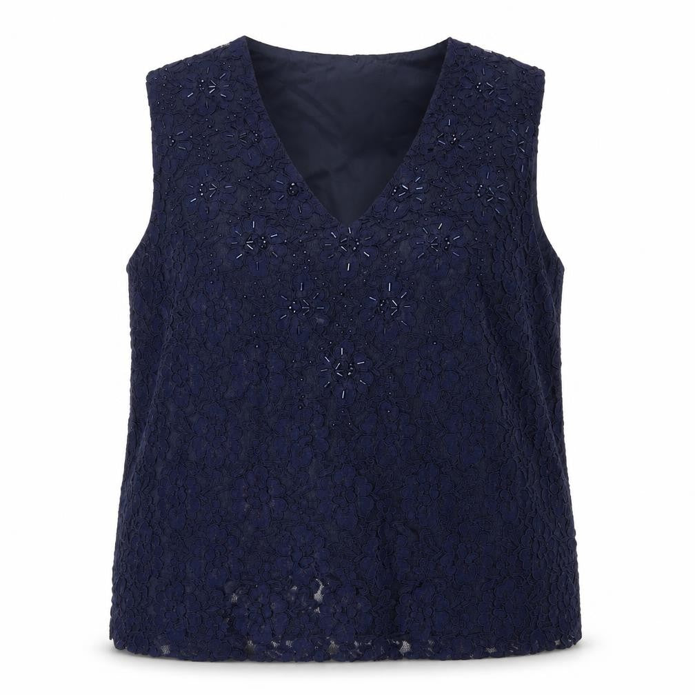 Front view of Monsoon Women's Blue Sleeveless Lace Top
