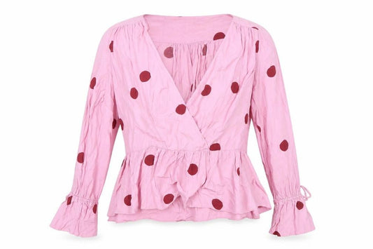 Front view of ASOS Women's Pink Polka Dot Wrap Blouse, size 14