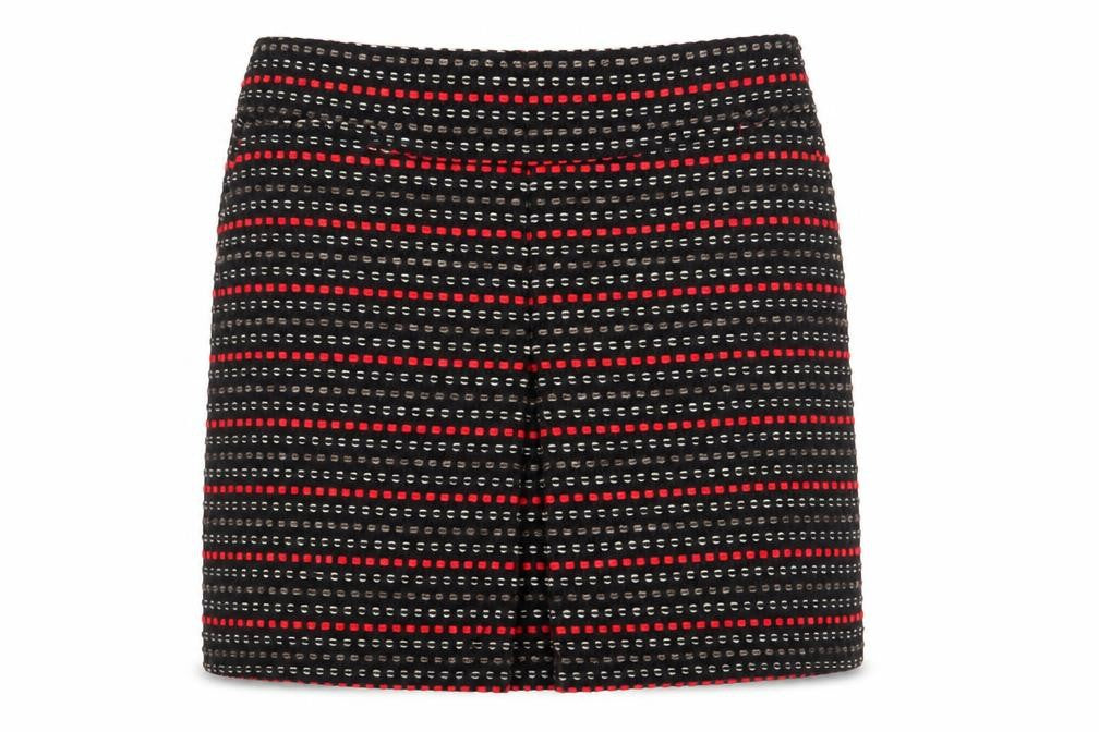 Front view of Monsoon Women's Geometric Black Red Skirt, size 14