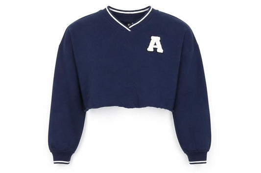 Front view of Divided Blue Women's College V-Neck Sweatshirt, size 12