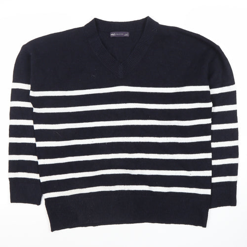 Marks and Spencer Women's Blue Striped V-Neck Jumper M