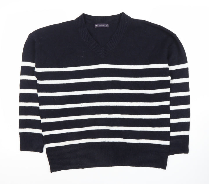Marks and Spencer Women's Blue Striped V-Neck Jumper M