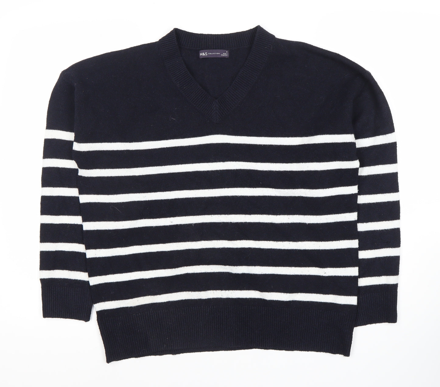 Marks and Spencer Women's Blue Striped V-Neck Jumper M