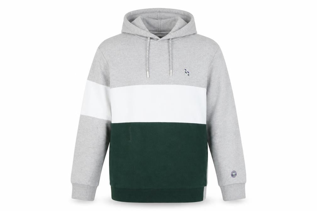 Front view of HAZZYS Men's Grey Green Striped Pullover Hoodie