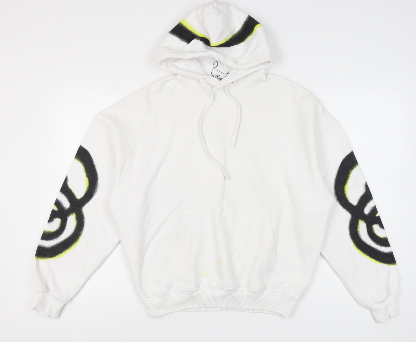 Zara Unisex White Pullover Hoodie, Size S, Cotton Blend
