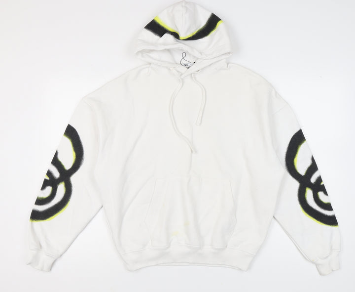 Zara Unisex White Pullover Hoodie, Size S, Cotton Blend