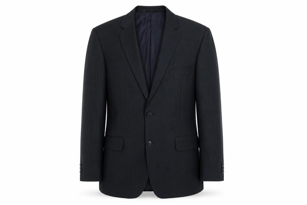 Front view of Vaughan Davies Men's Blue Striped Blazer, Size 42S Excellent