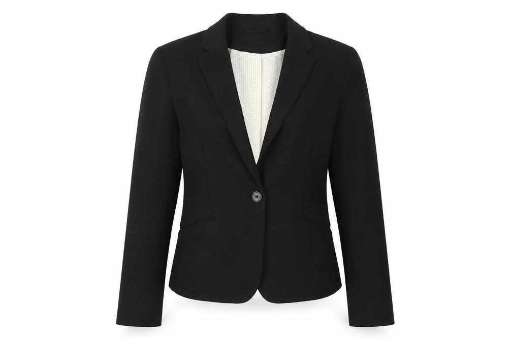 Front view of H&M Women's Black Blazer, size 6, Regular Notched
