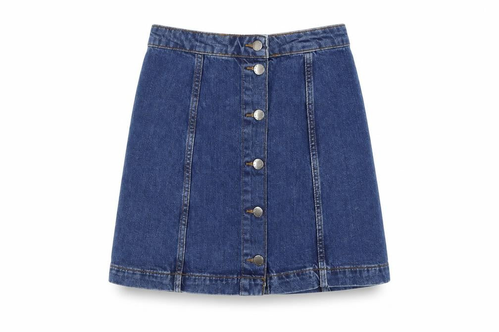 Front view of Topshop Women Blue Denim Button Short Skirt, size 10