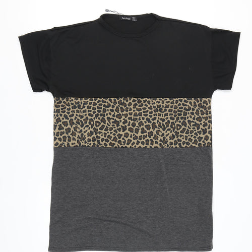 Boohoo Women's Black Beige Animal Print T-Shirt Size 16