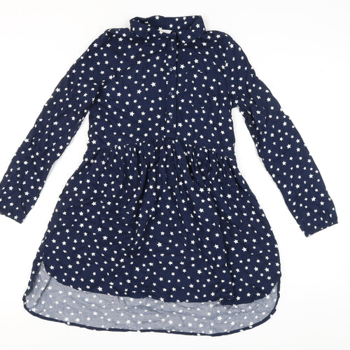 H&M Girls Blue Star Shirt Dress 11-12 Long Sleeve Casual