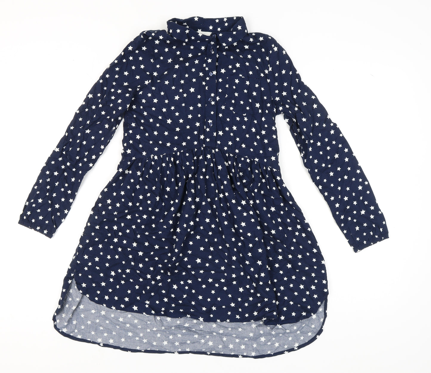 H&M Girls Blue Star Shirt Dress 11-12 Long Sleeve Casual