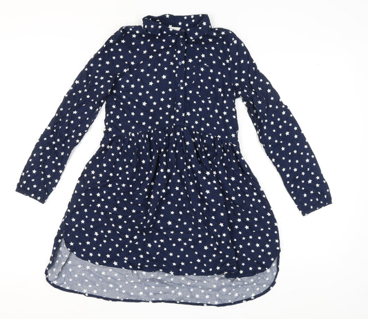 H&M Girls Blue Star Shirt Dress 11-12 Long Sleeve Casual
