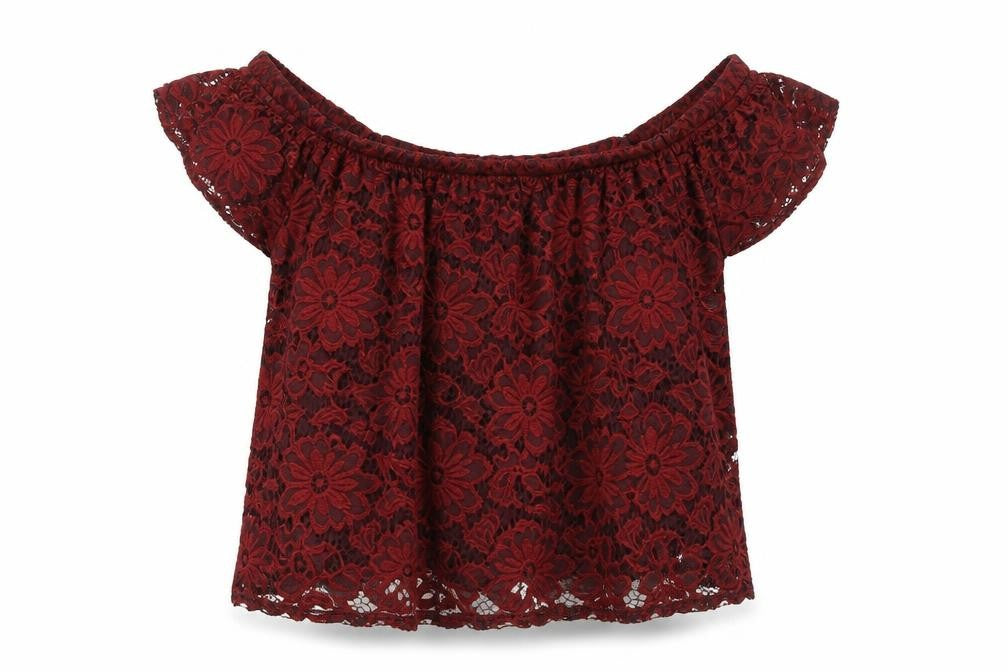 Front view of River Island Women's Red Lace Off Shoulder Blouse