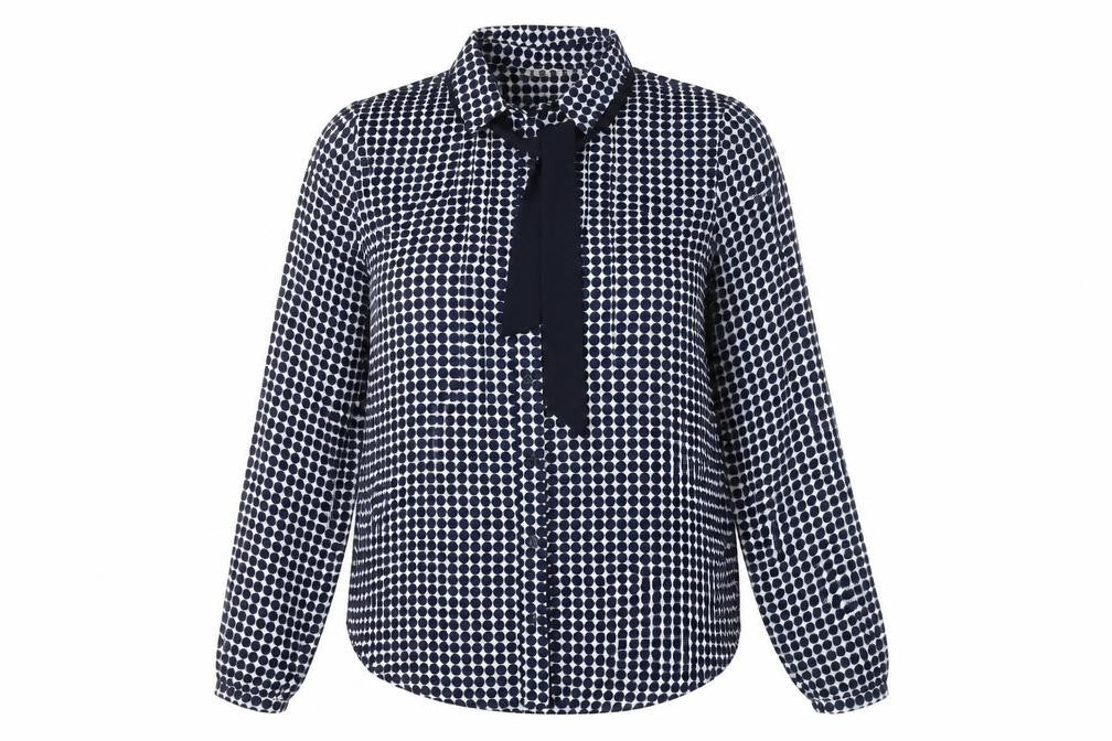 Front view of Elodie Women's Blue Polka Dot Long Sleeve Blouse