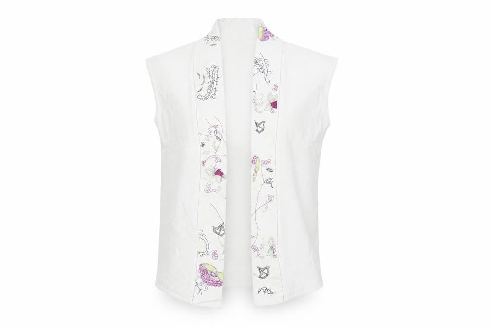 Front view of Whistles Women's White Floral Linen Blouse, size 10