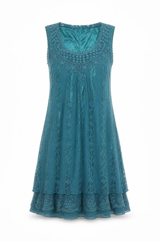 Front view of Izabel London Women's Blue Lace Dress, size 12