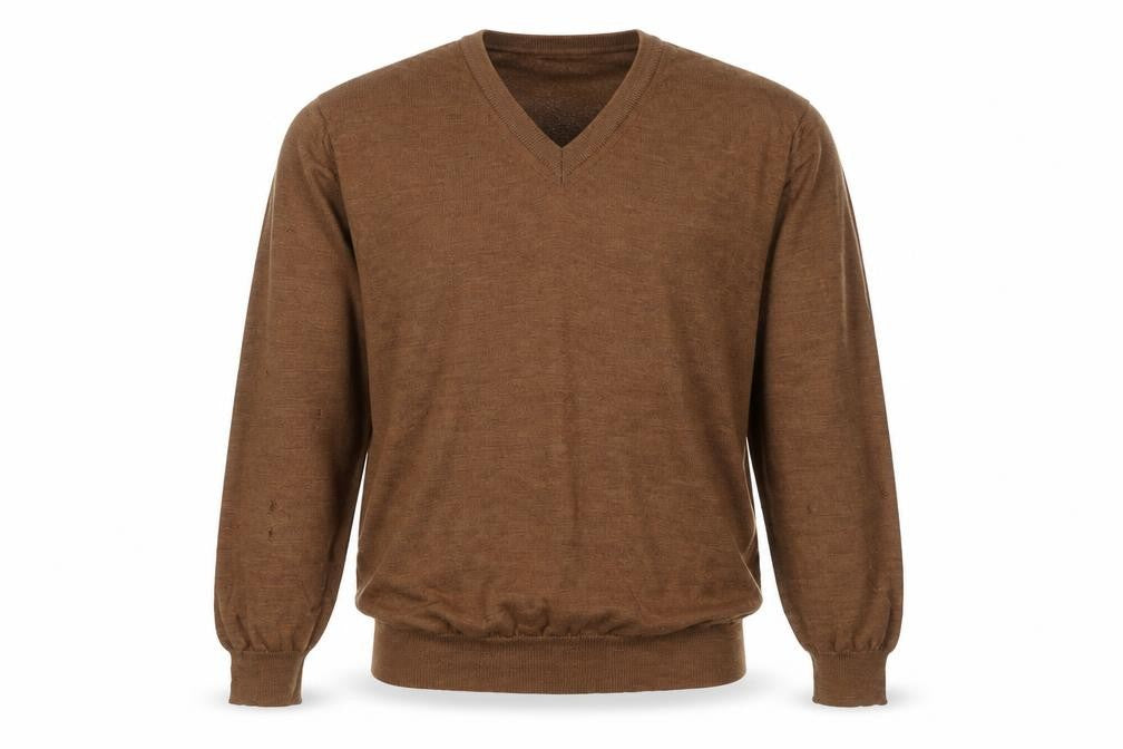 Front view of William Hunt Men's Brown Wool V-Neck jumper M