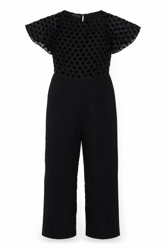 Front view of Laura Ashley Women's Black Polka Dot Jumpsuit, size 8