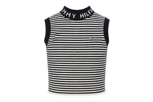 Front view of Tommy Hilfiger girls’ black striped vest jumper, size 6, years