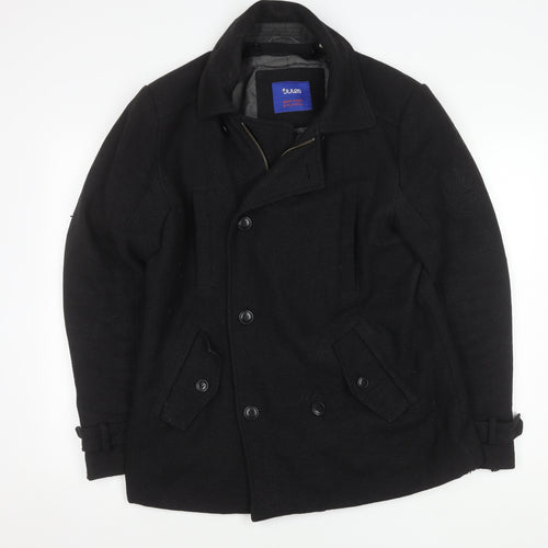 Jules Men's Black Wool Pea Coat Size M - Belted Casual Style