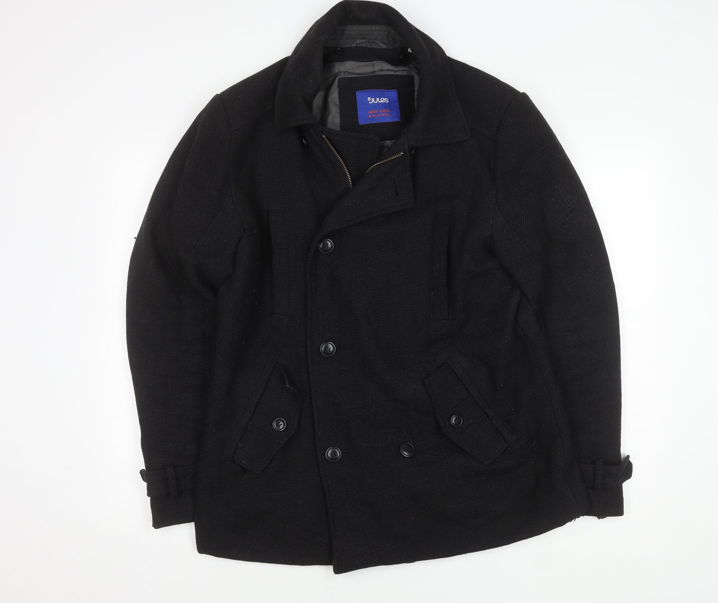 Jules Men's Black Wool Pea Coat Size M - Belted Casual Style