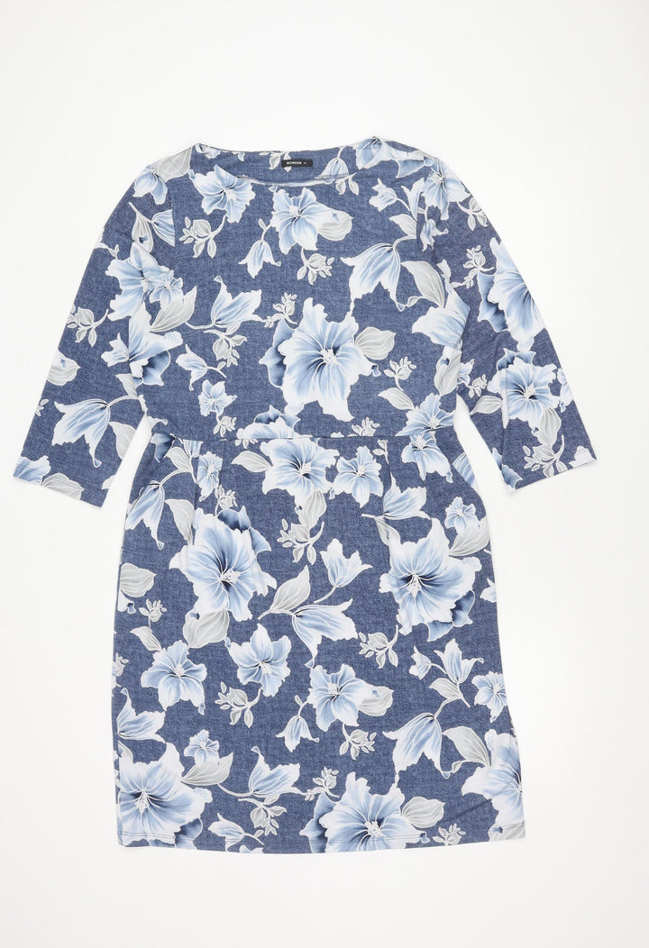 Roman Women's Blue Floral Dress Size 16 with Stretch