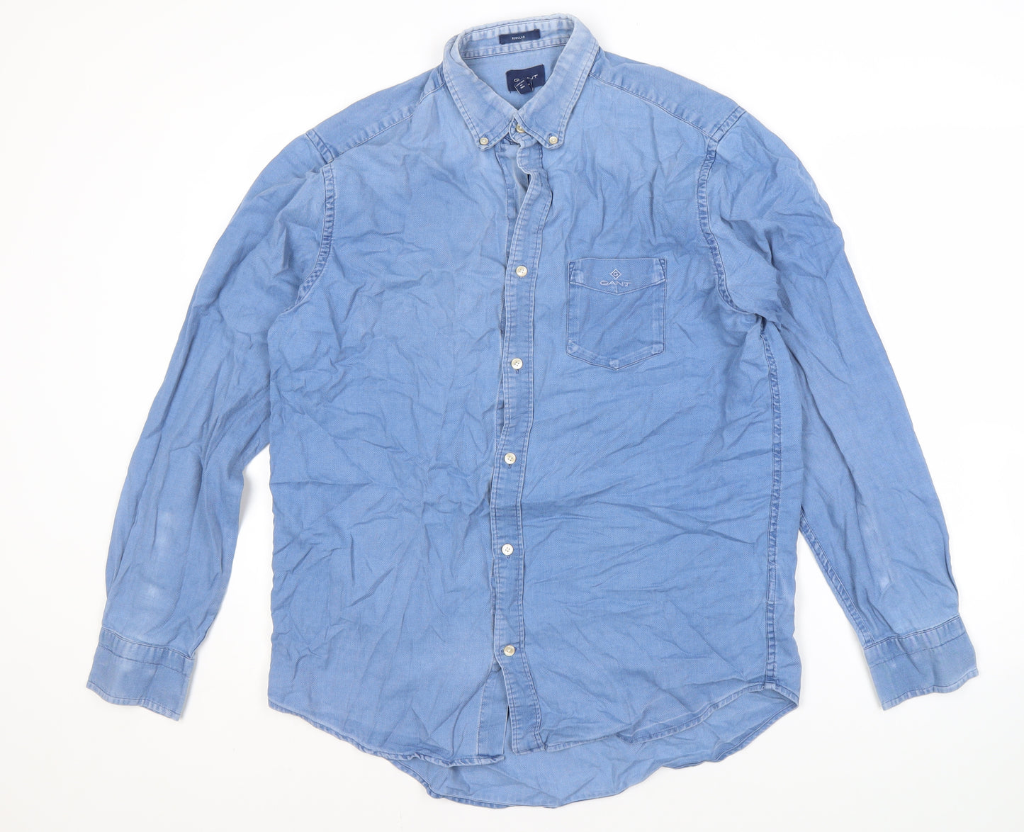 Gant Men's Blue Button-Up Cotton Shirt Long Sleeve L