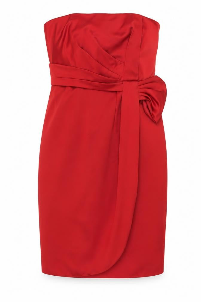 Front view of Debut Women's Red Knee Length Strapless Pencil Dress