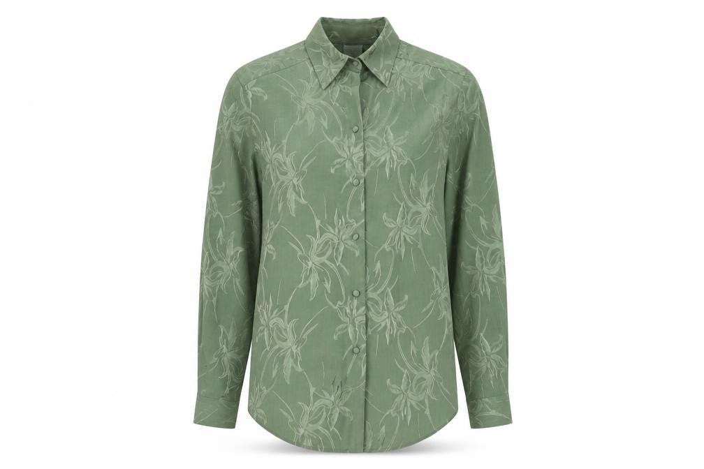 Front view of Canda Women's Green Floral Button-Up Shirt, size 10