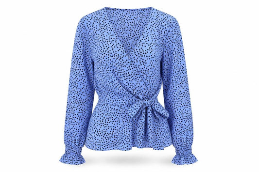 Front view of H&M Women’s Blue Polka Dot Wrap Blouse, size UK 6