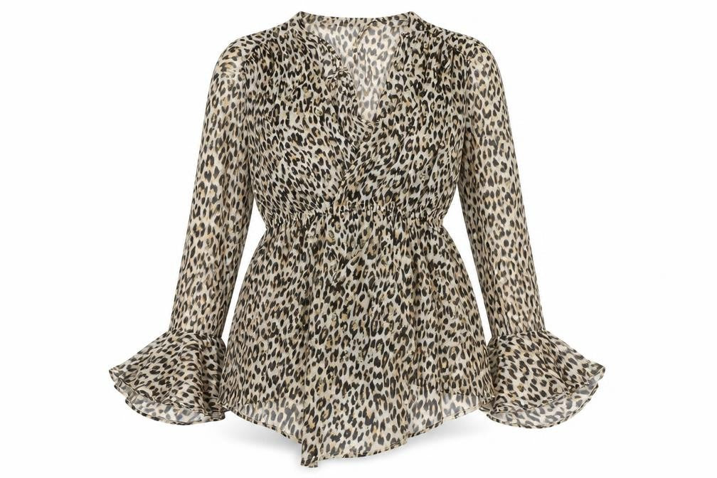 Front view of River Island Women's Beige Leopard Wrap Blouse