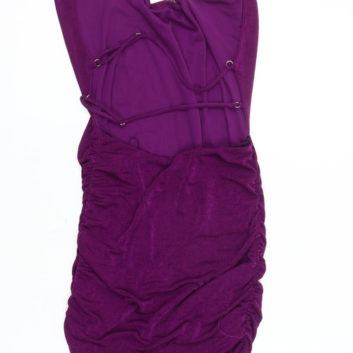 Bershka Women's Purple Halter Ruched Dress M