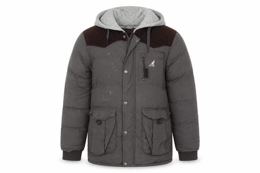 Front view of Kangol Men's Grey Puffer Jacket, size S, Hoodie Casual