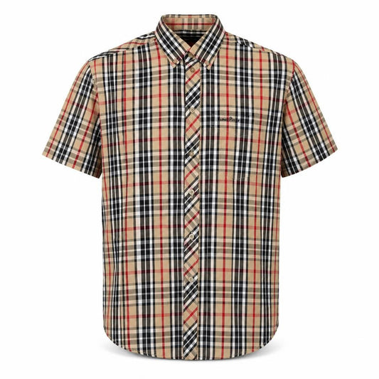 Front view of James Pringle Beige Check Button-Up Men's Shirt, size S